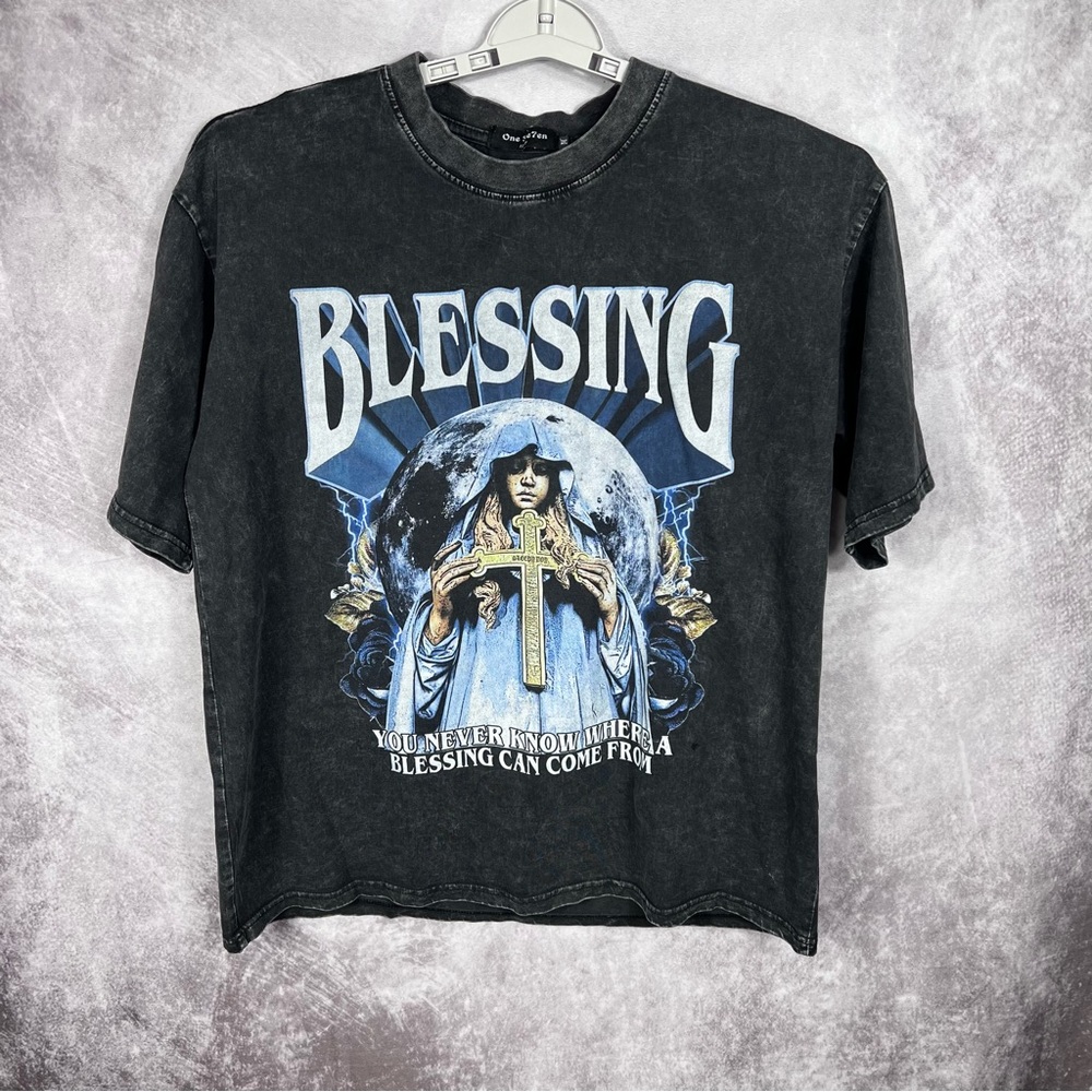 Blessing Mens Shirt Black Medium Graphic Print Crew Neck Religious Street Wear